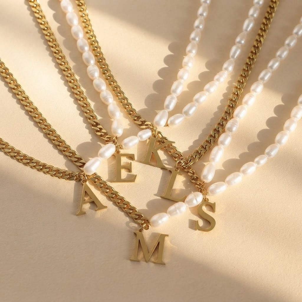 Half Pearl Half Chain Initial Necklace