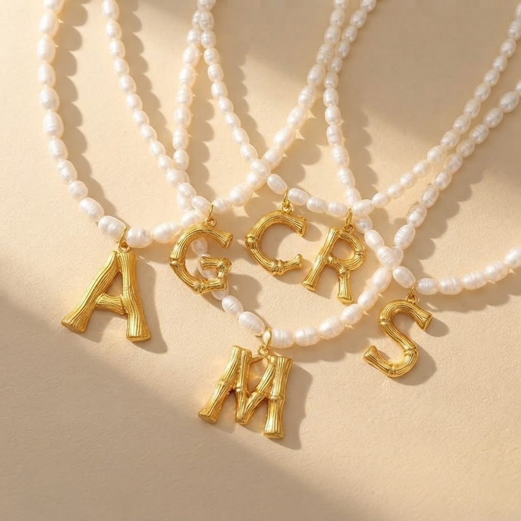 Wood Grain Initial Pearl Necklace