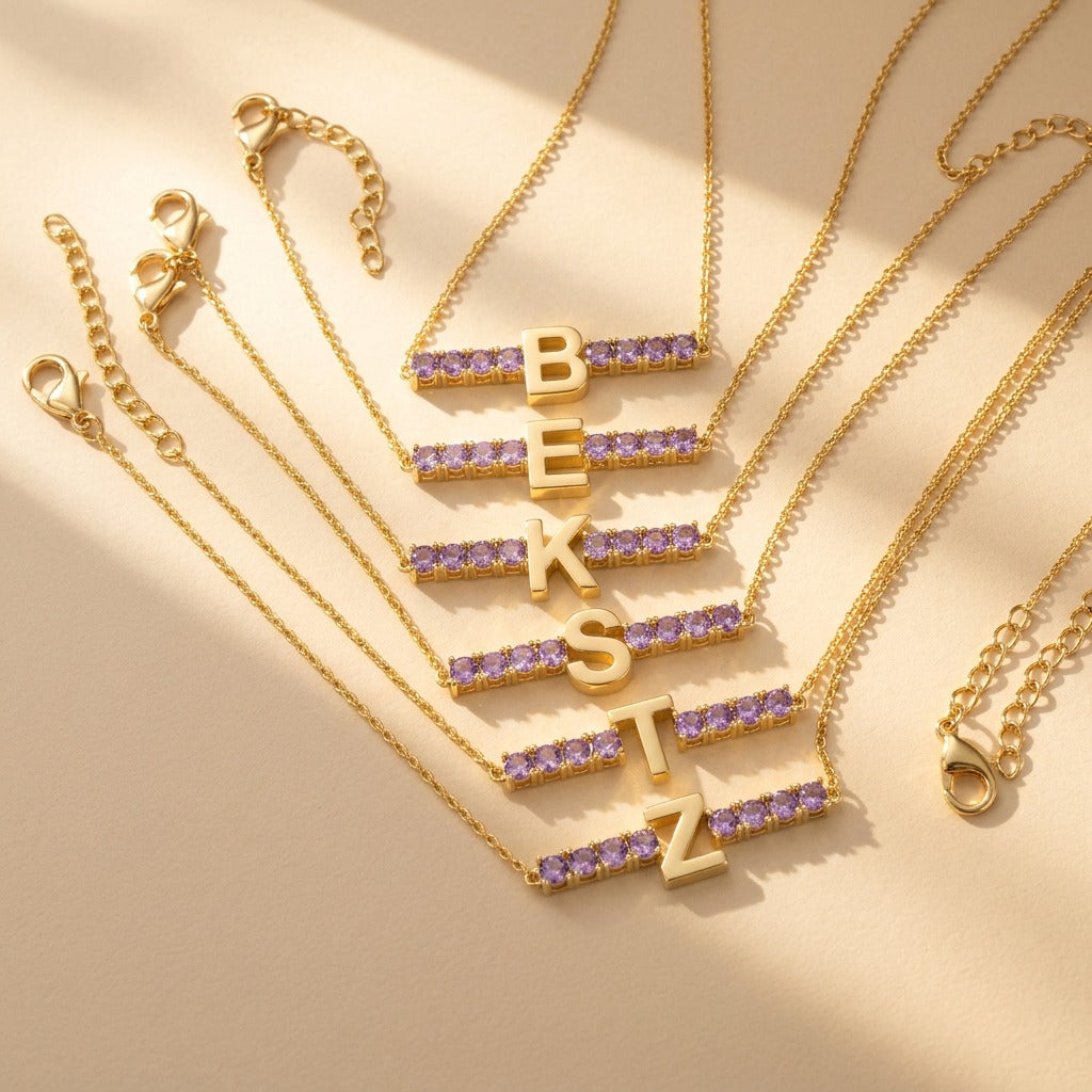 Purple Crystal Initial Bar Necklace