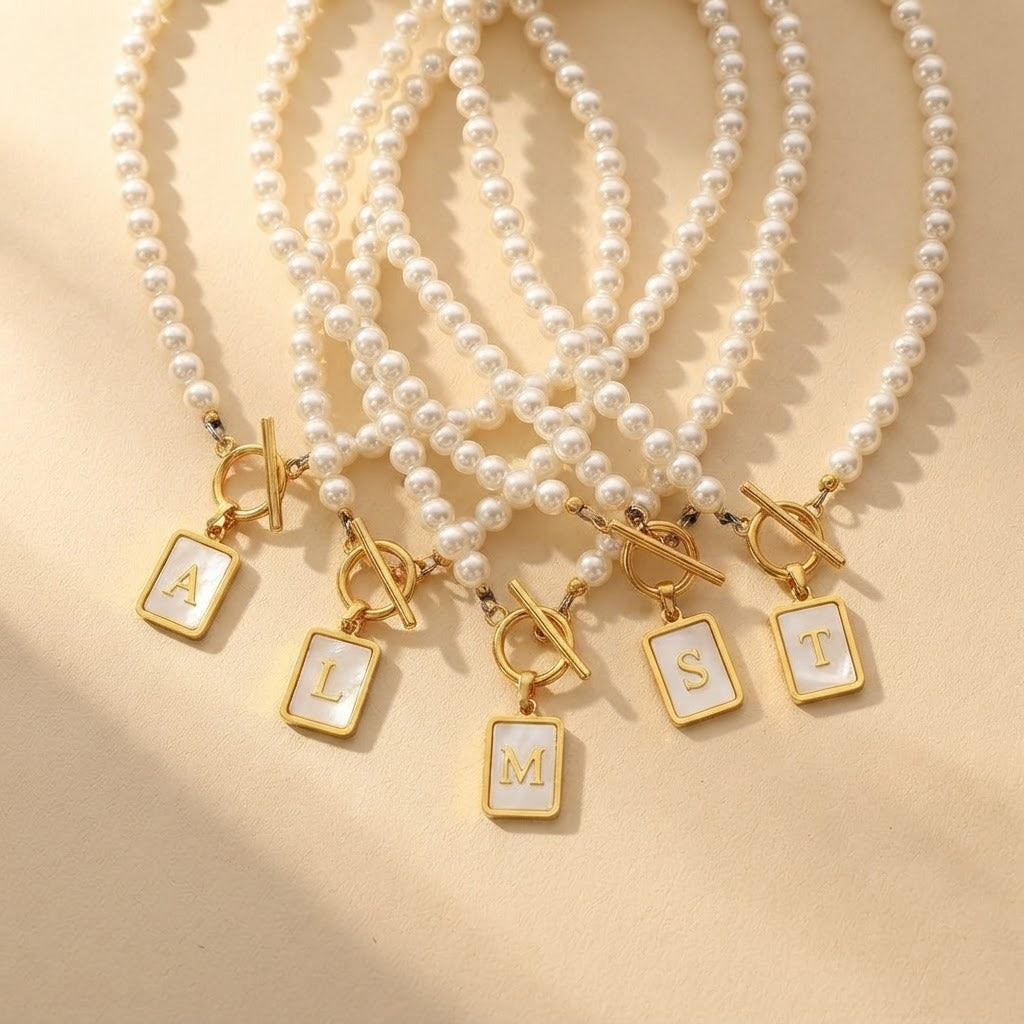 Pearl Strand Square Initial Necklace