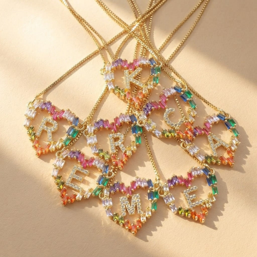 Rainbow Zircon Heart Initial Necklace