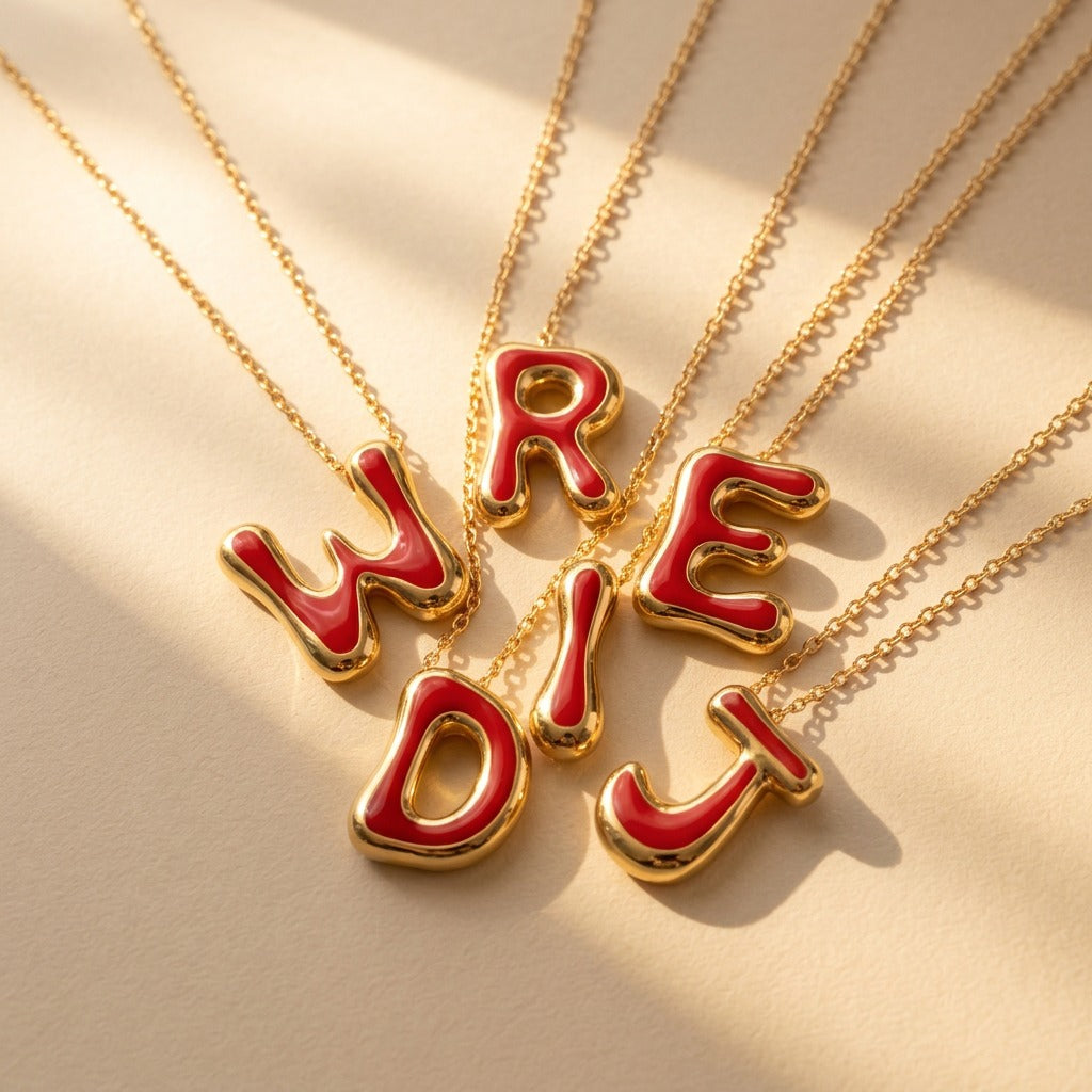 Red Enamel Initial W Necklace