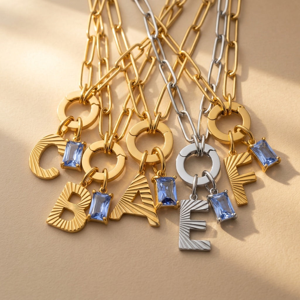 Ribbed Letter & Blue Gem Necklace