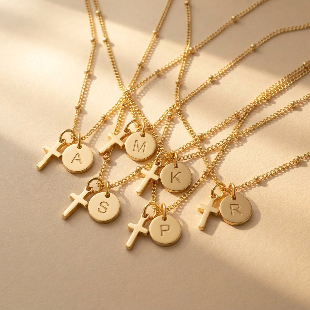 Cross Initial Disc Necklace