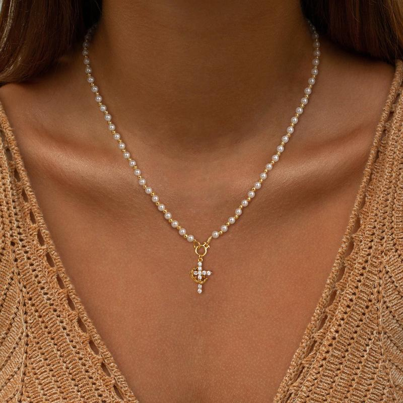 Pearl Beaded Crown Cross Necklace