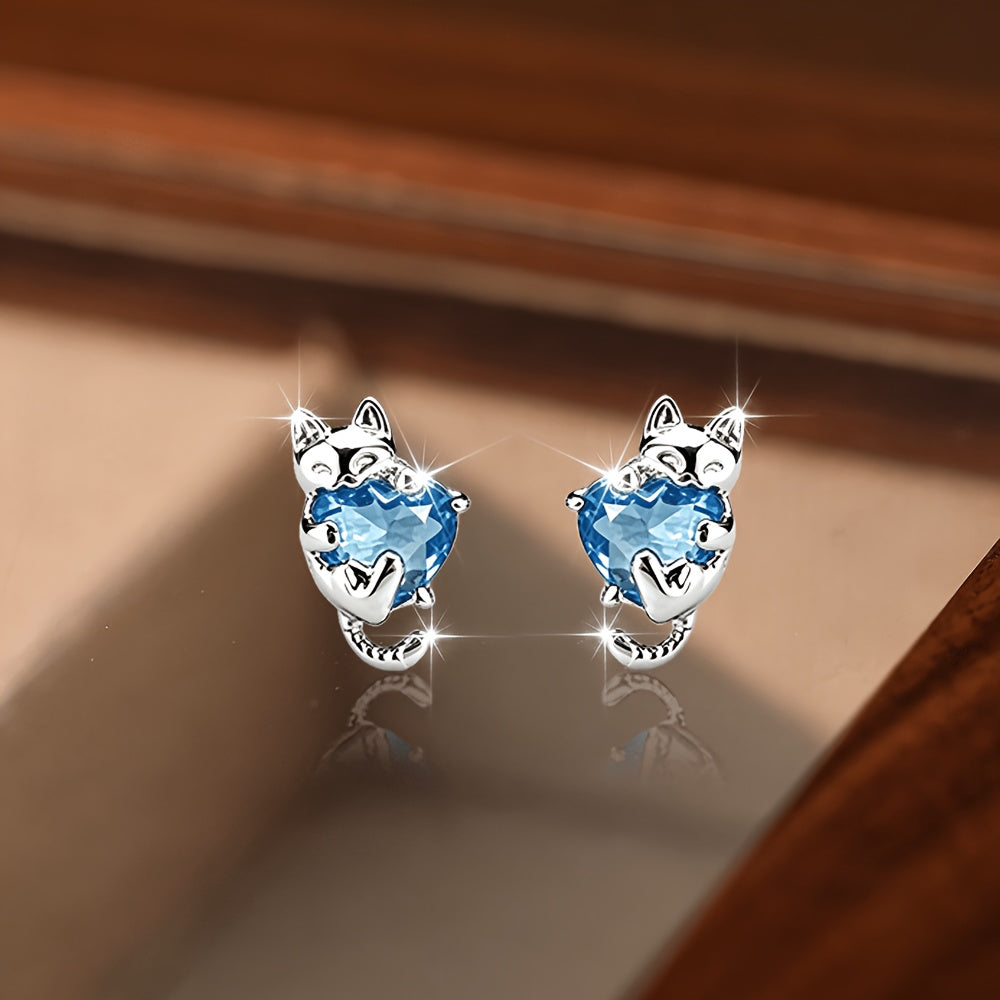 Blue Heart Cat Stud Earrings