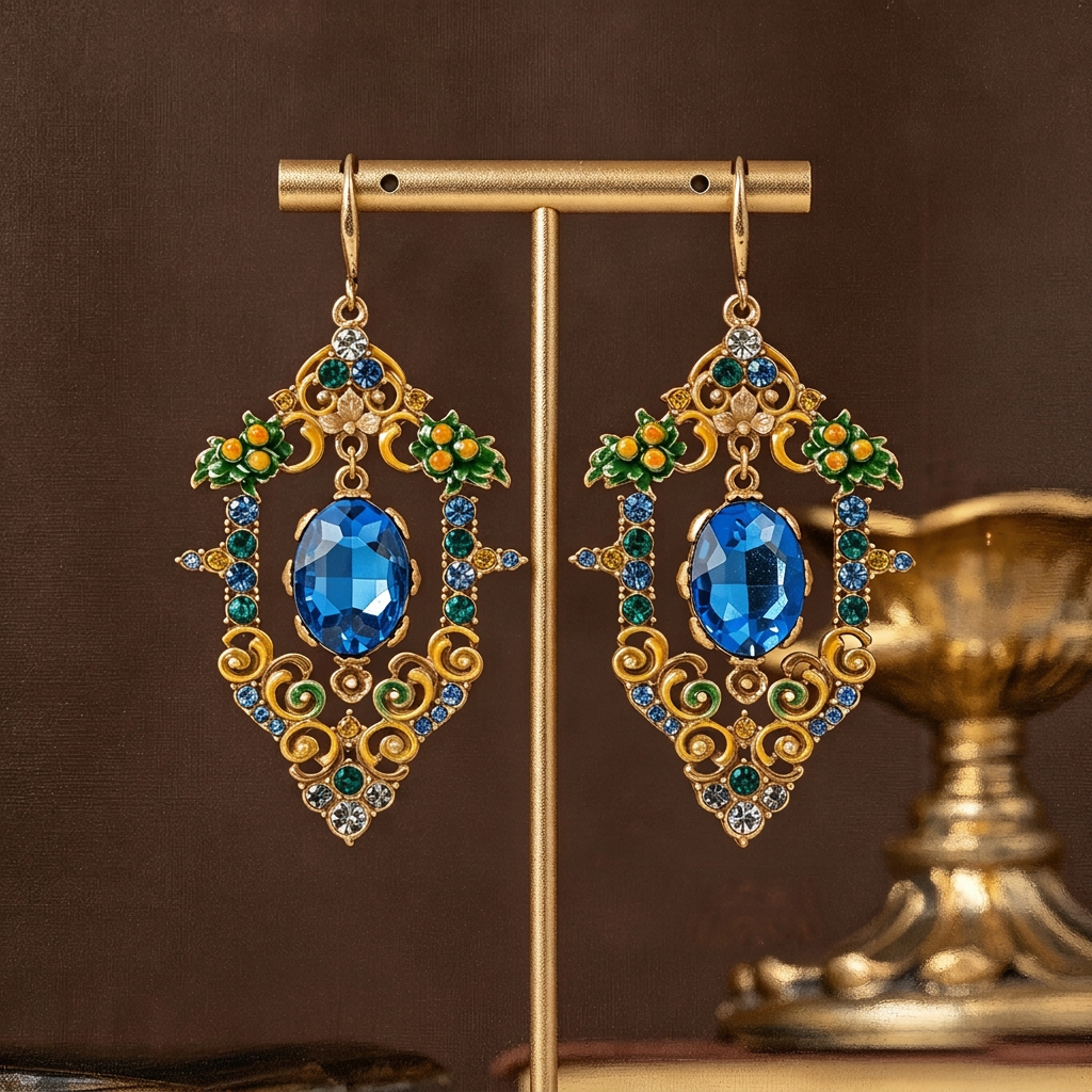 Blue Gem & Enamel Floral Drop Earrings