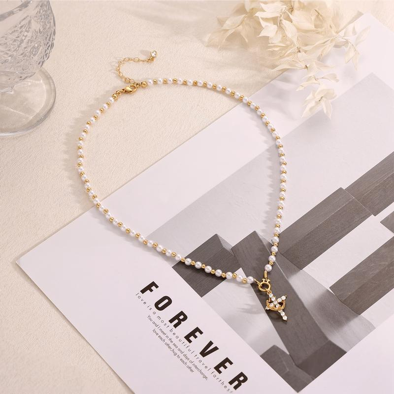 Pearl Beaded Crown Cross Necklace