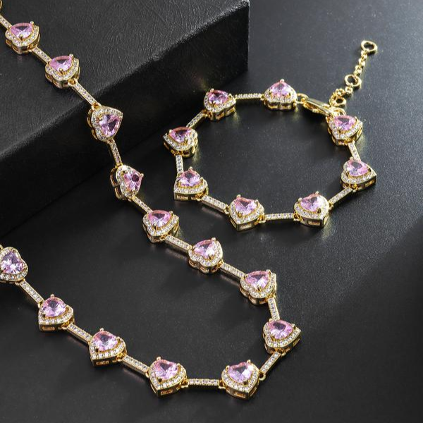 Pink Heart Shaped Necklace and Bracelet Set
