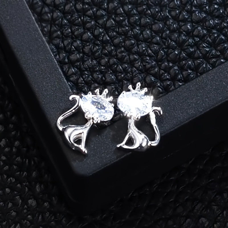 Crystal Crown Cat Stud Earrings