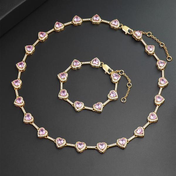 Pink Heart Shaped Necklace and Bracelet Set