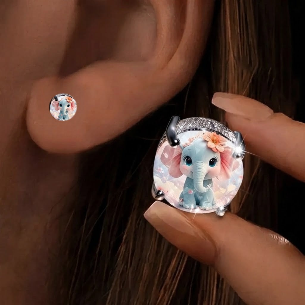 Floral Elephant Glass Dome Stud Earrings