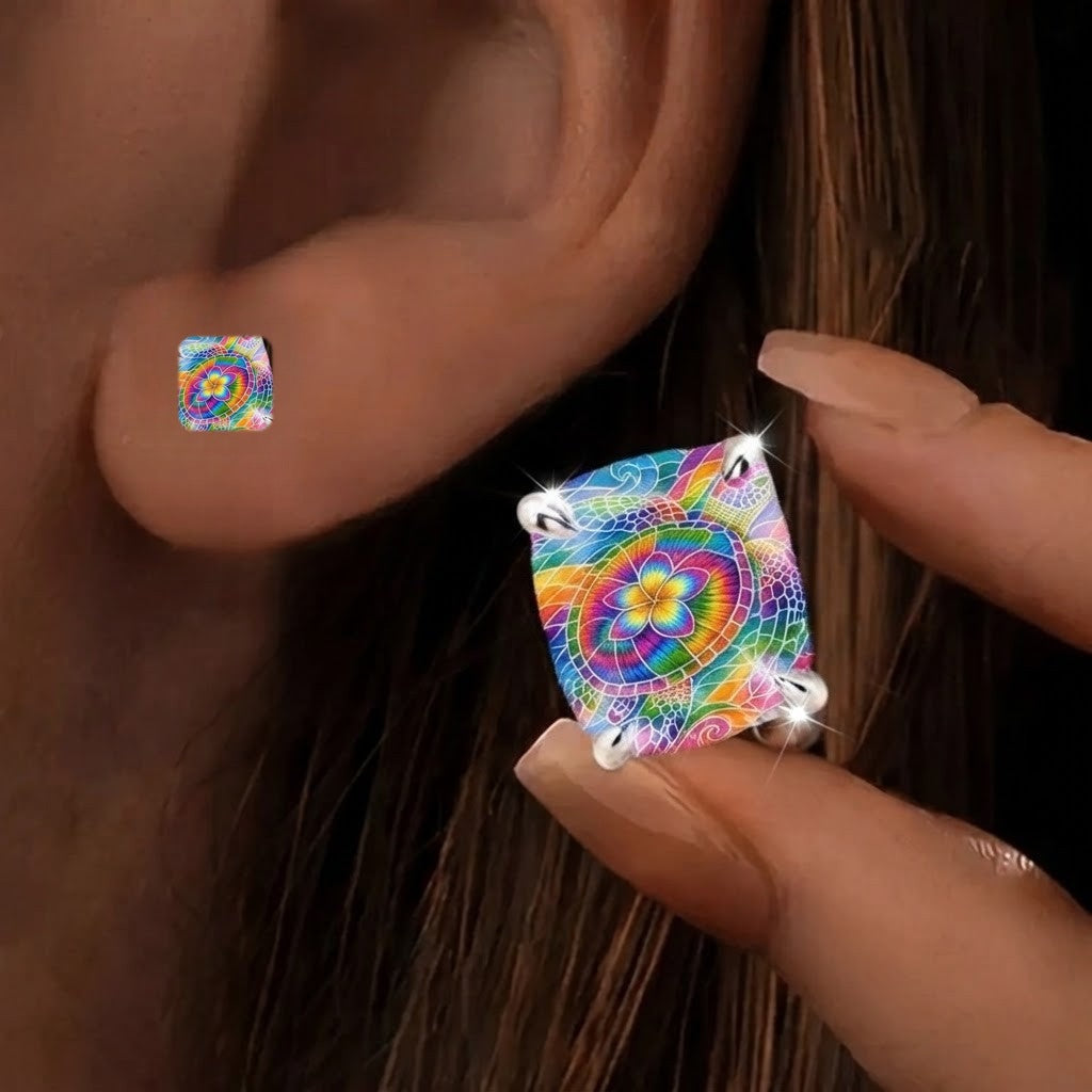 Colorful Mosaic Flower Square Stud Earrings