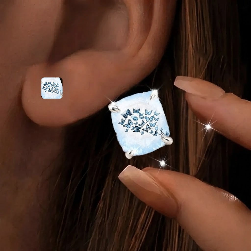 Blue Butterfly Mosaic Square Stud Earrings