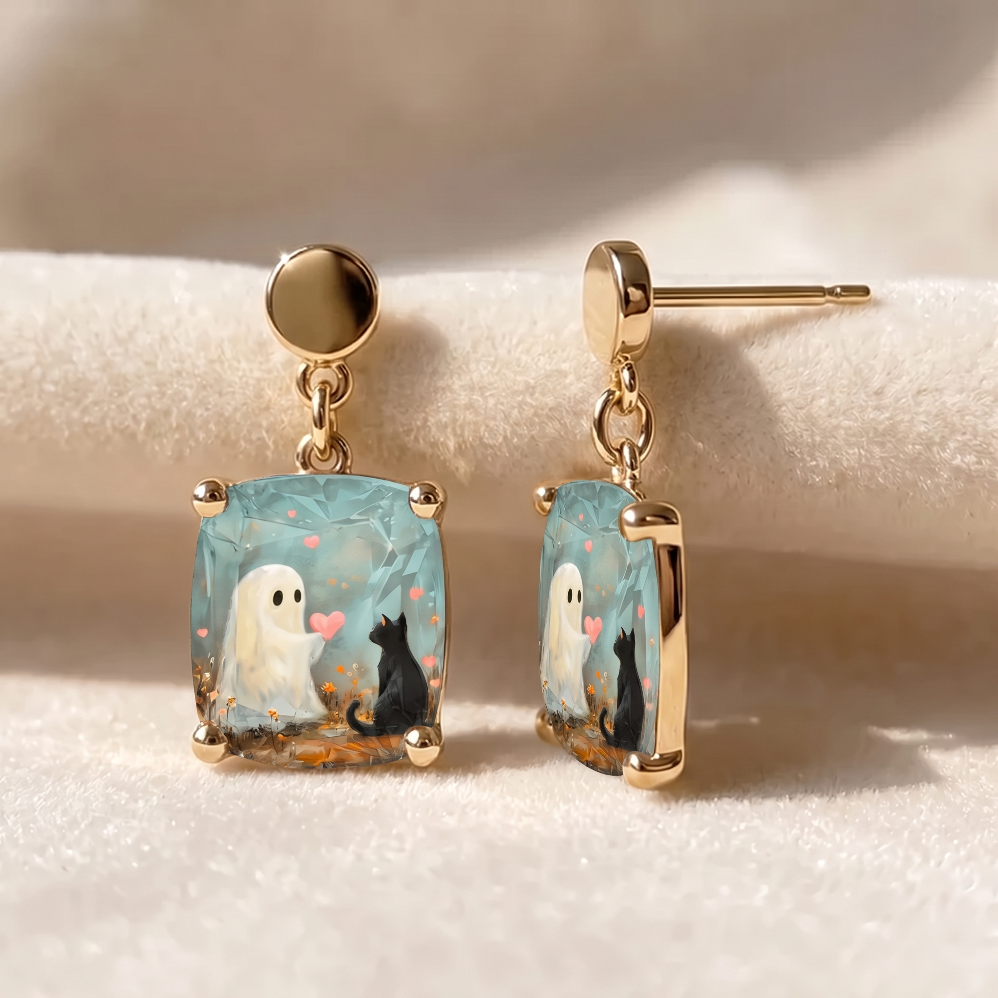 Ghost and Cat Square Earrings