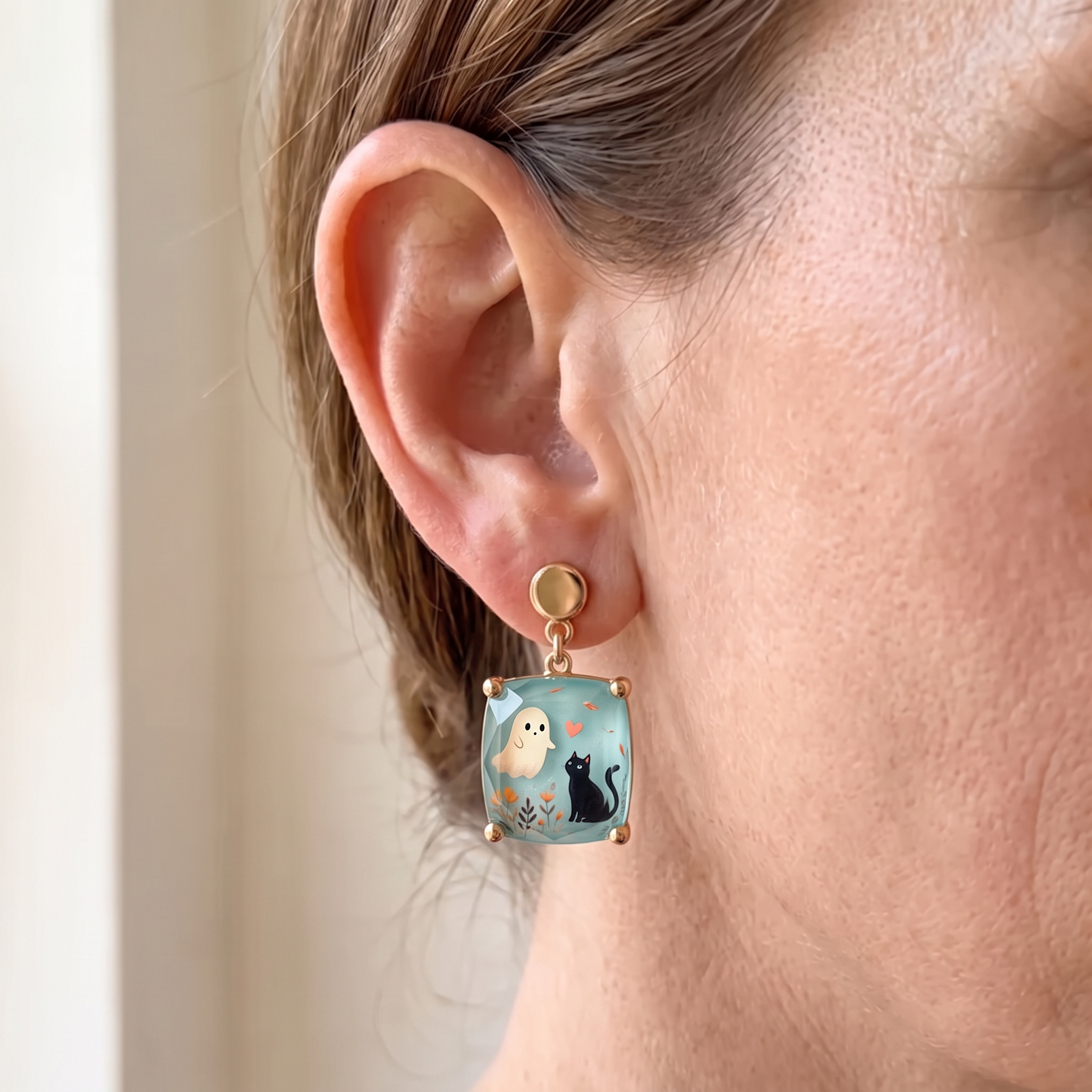Ghost and Cat Square Earrings