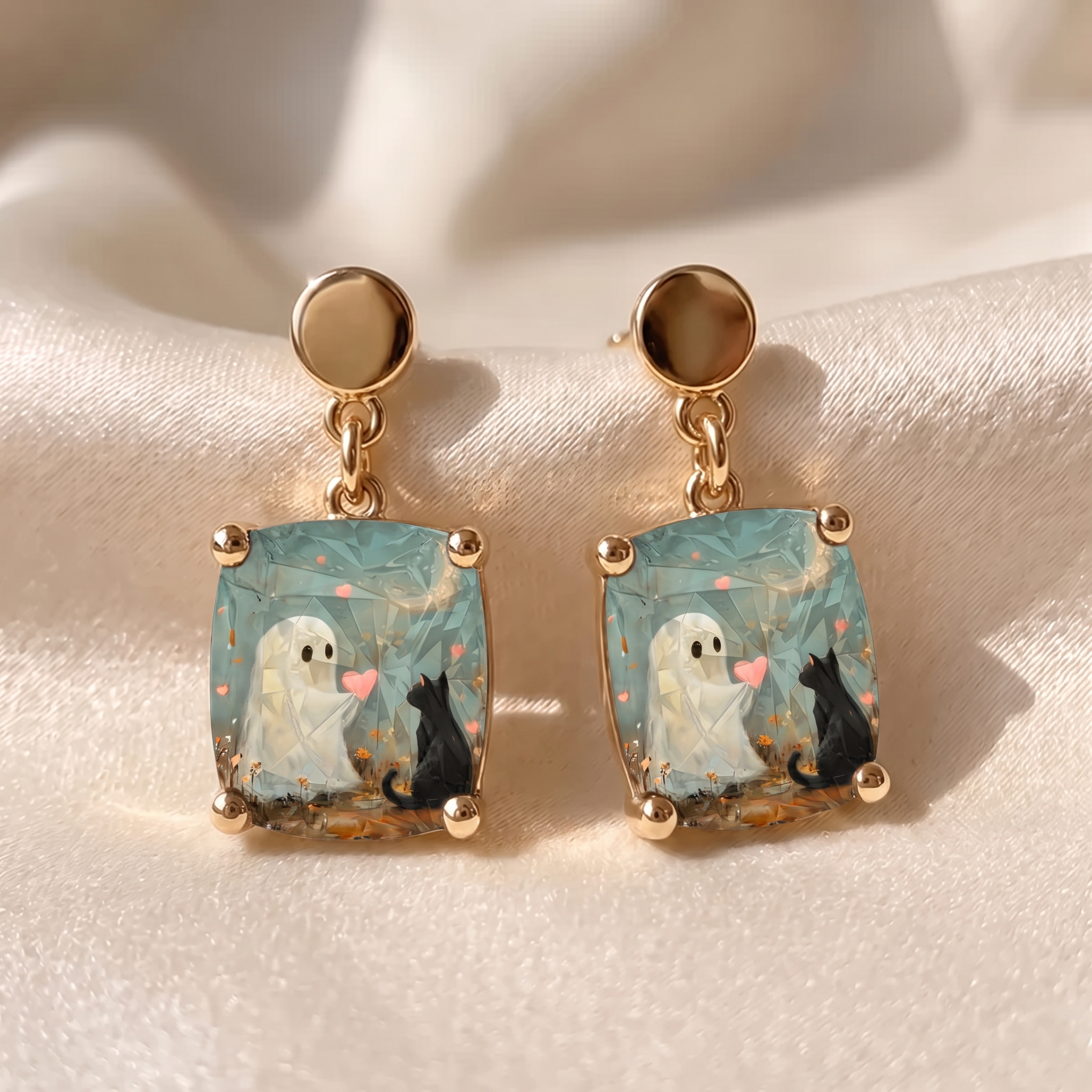 Ghost and Cat Square Earrings