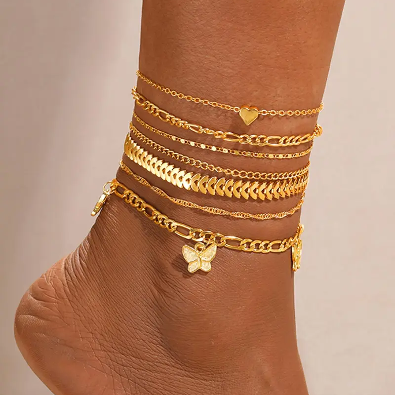 7pc Butterfly Heart Anklet Set