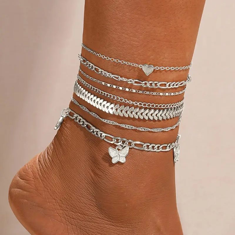 7pc Butterfly Heart Anklet Set