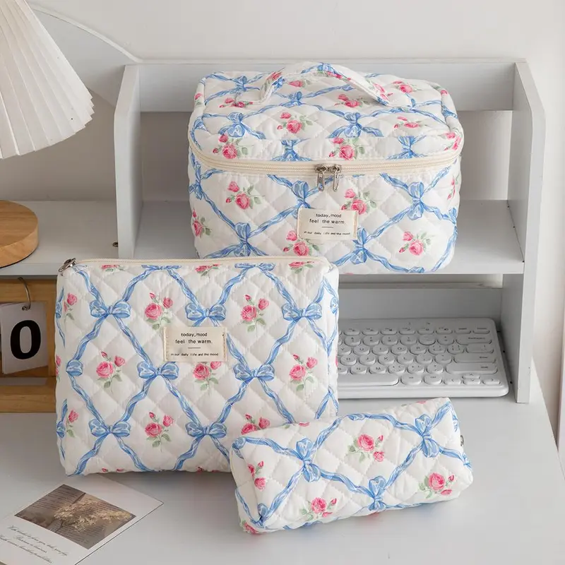 3pc Quilted Makeup Bag Set