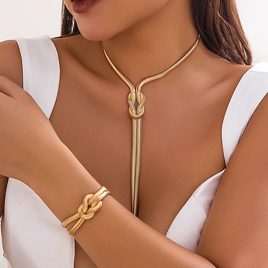 2pc Long Twisted Knot Necklace and Bracelet Set