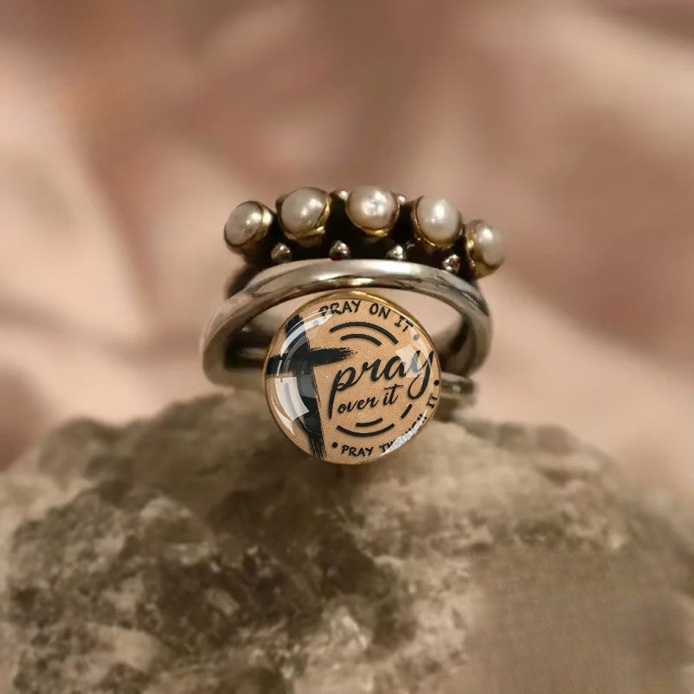 Faux Pearl & Cross Prayer Ring Set