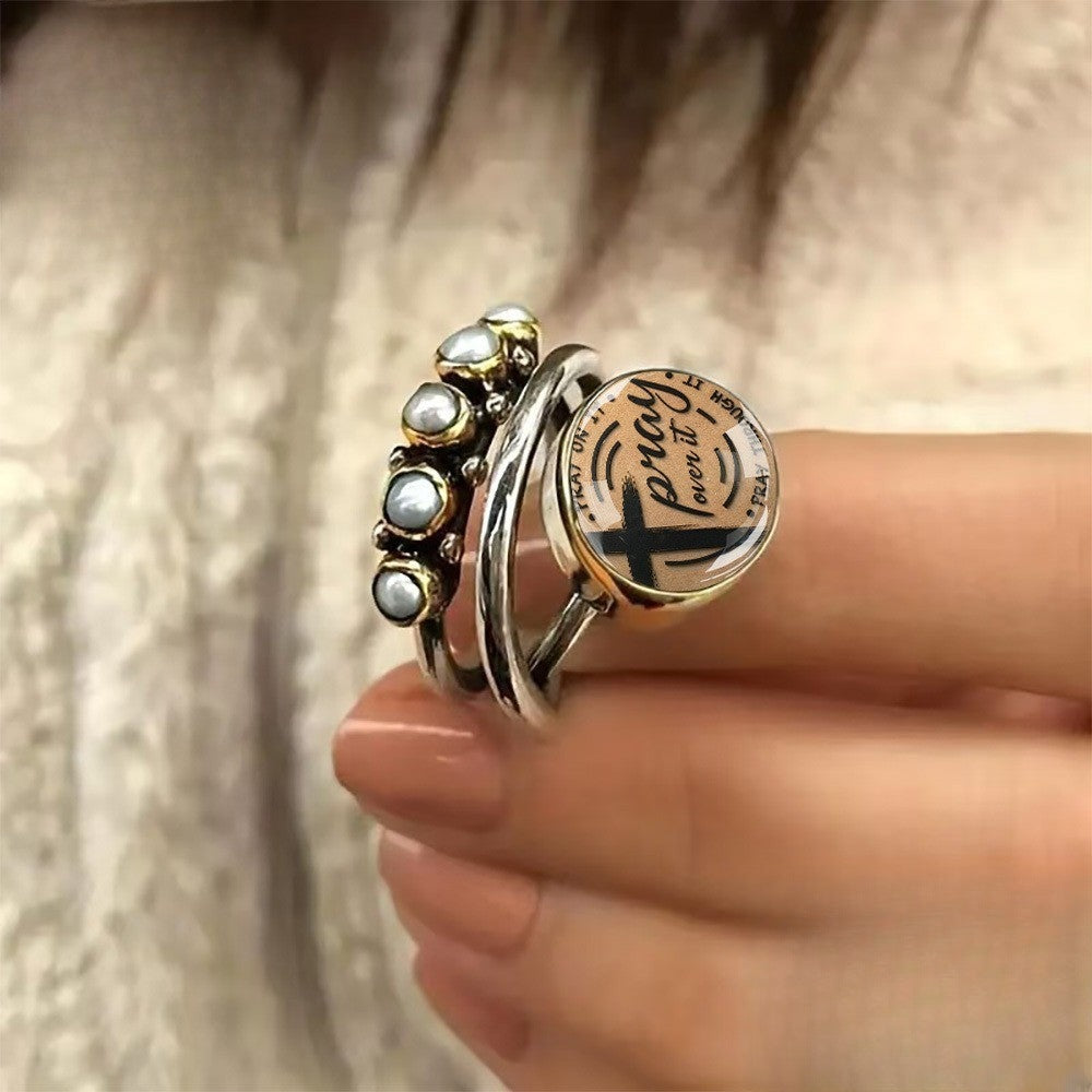 Faux Pearl & Cross Prayer Ring Set