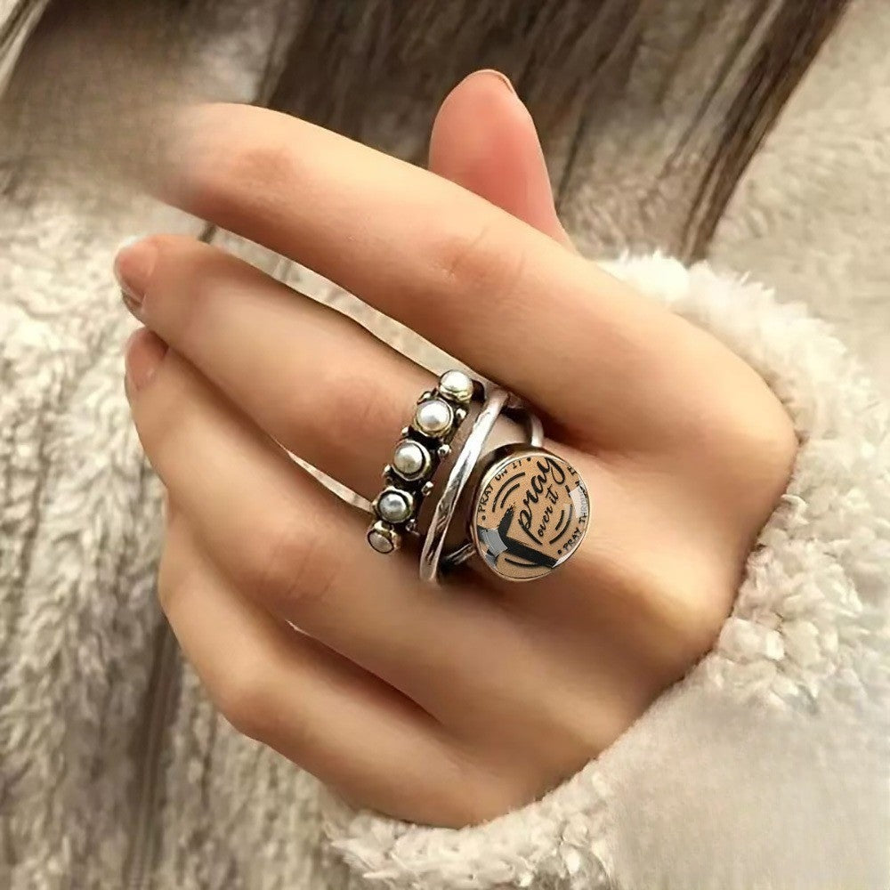 Faux Pearl & Cross Prayer Ring Set