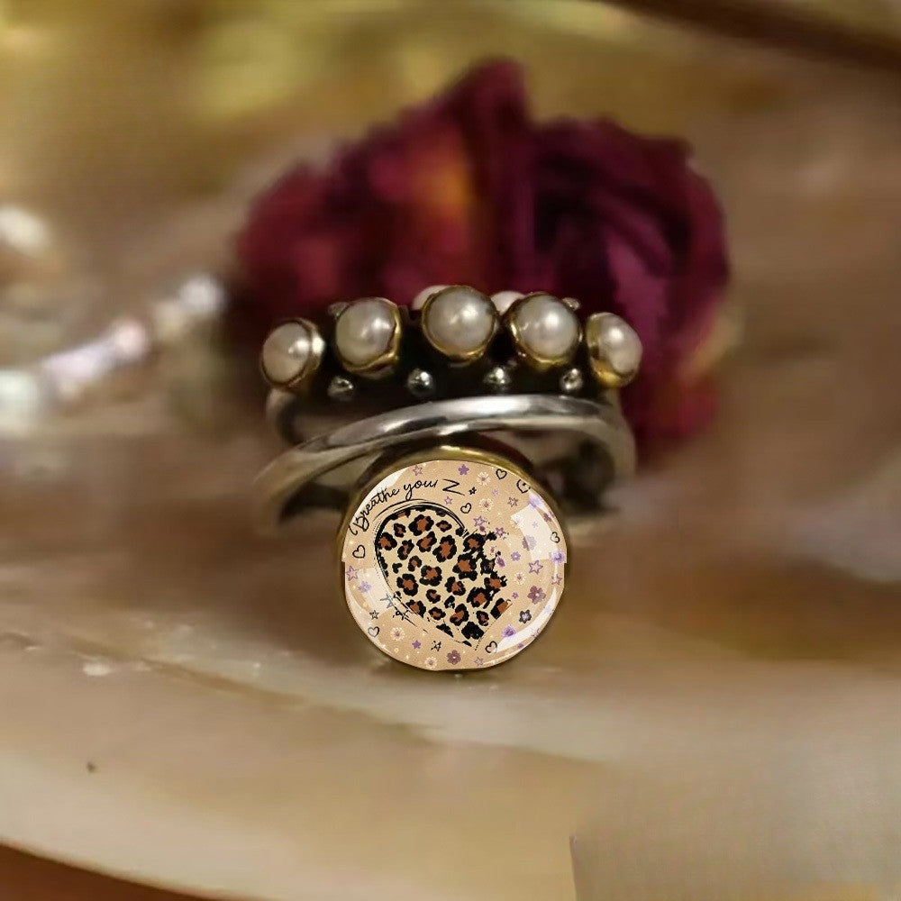 Leopard Print Faux Pearl Stackable Ring