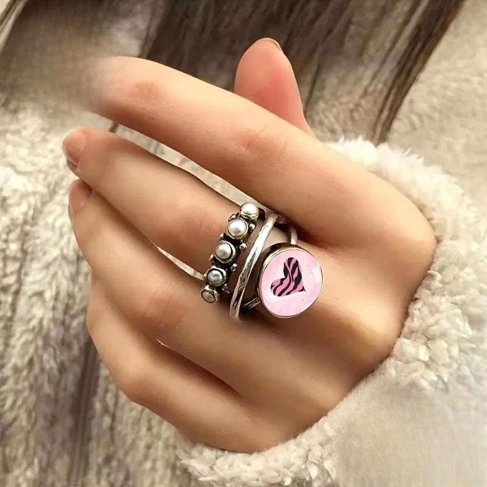 Pink Zebra Heart & Faux Pearl Ring
