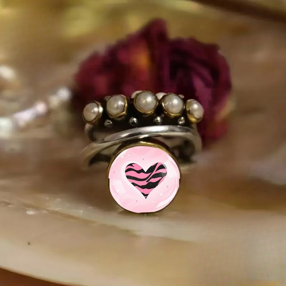 Pink Zebra Heart & Faux Pearl Ring