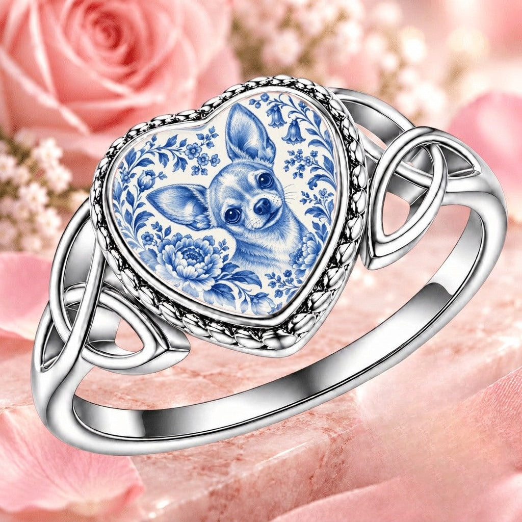 Blue Floral Chihuahua Heart Ring
