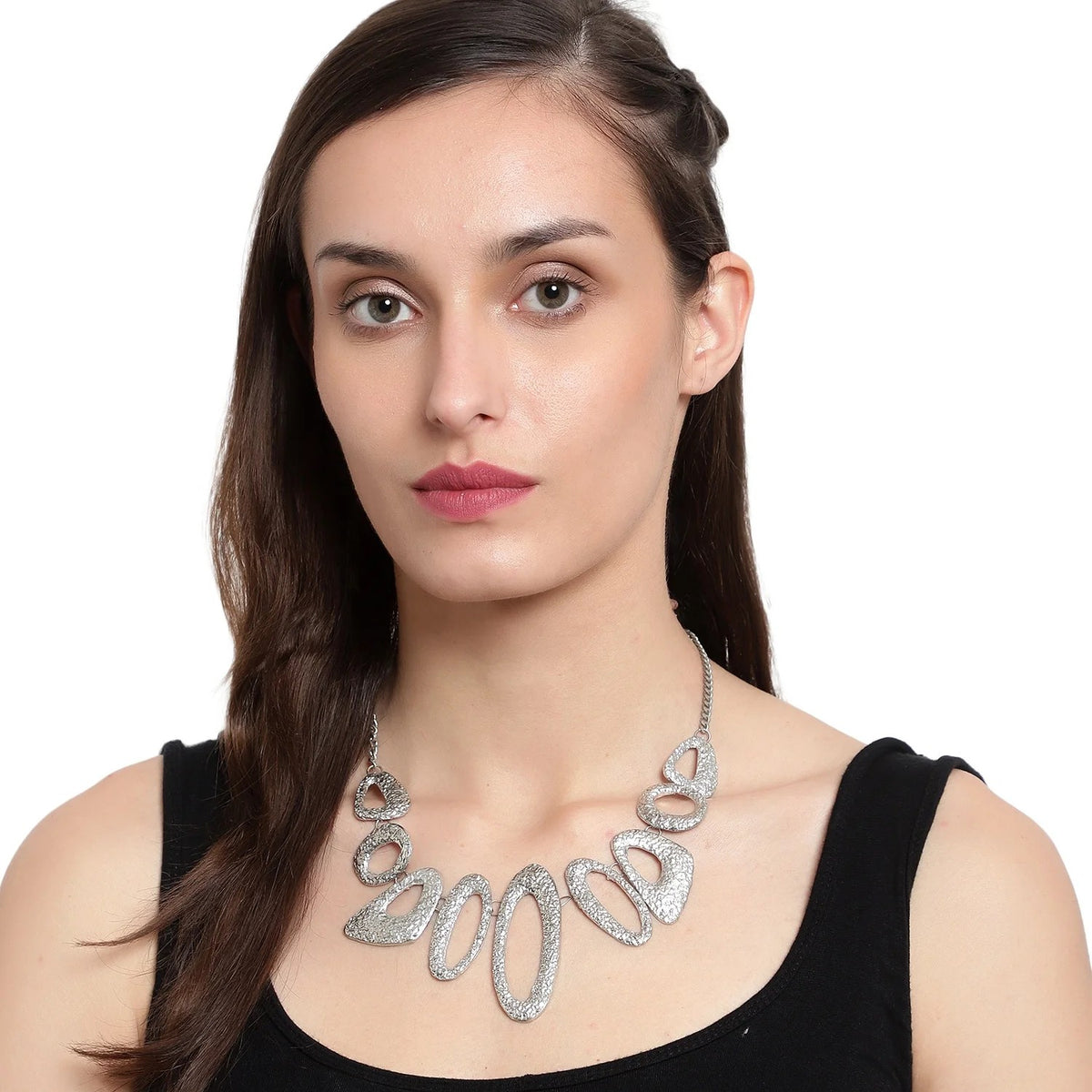 Silver Beaded Oval Necklace Set
