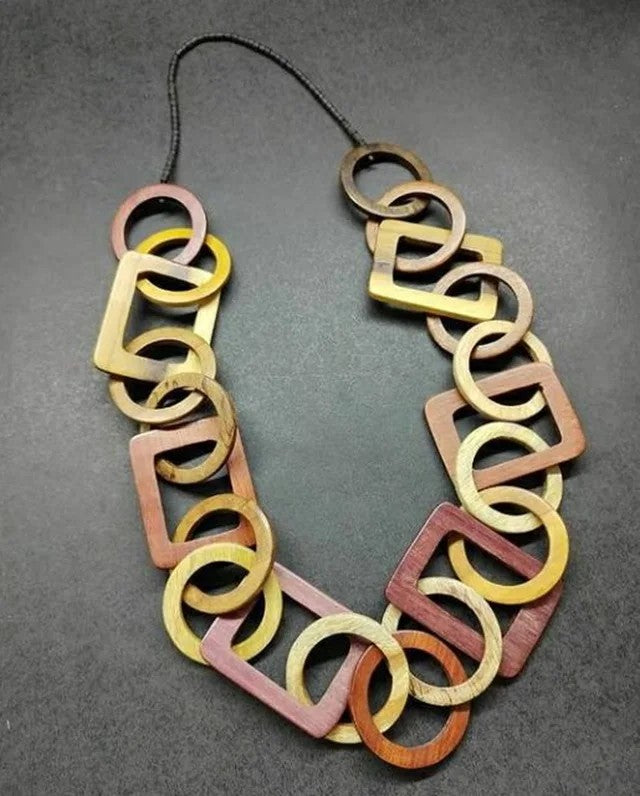 Multicolor Square & Circle Wood Necklace
