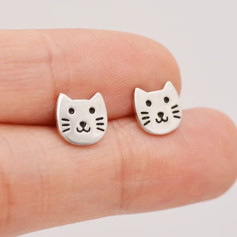 Whiskered Cat Face Stud Earrings