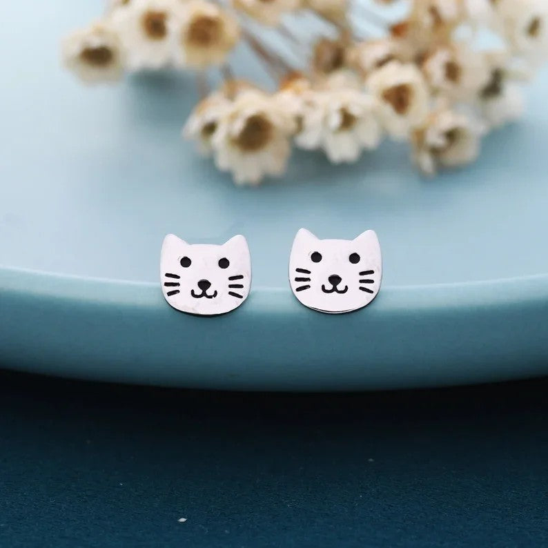 Whiskered Cat Face Stud Earrings