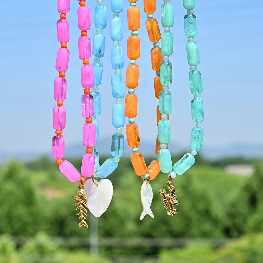 Colorful Tube Bead & Shell Charm Necklace Set
