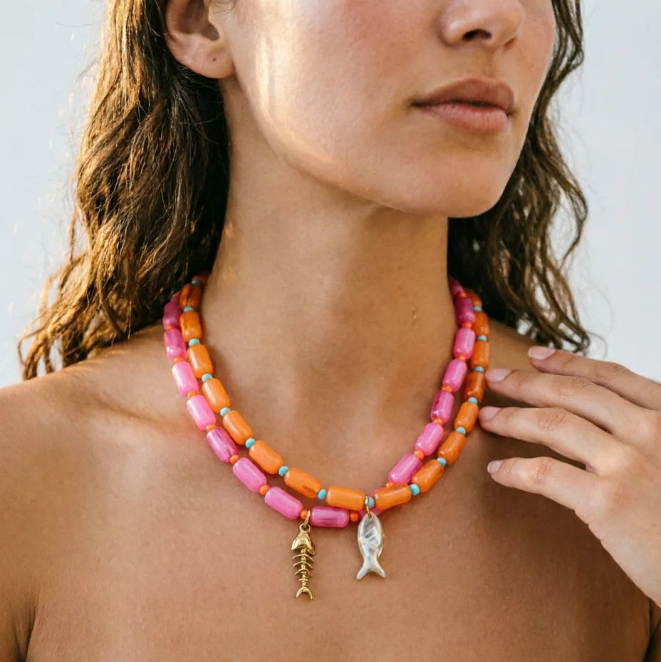 Colorful Tube Bead & Shell Charm Necklace Set