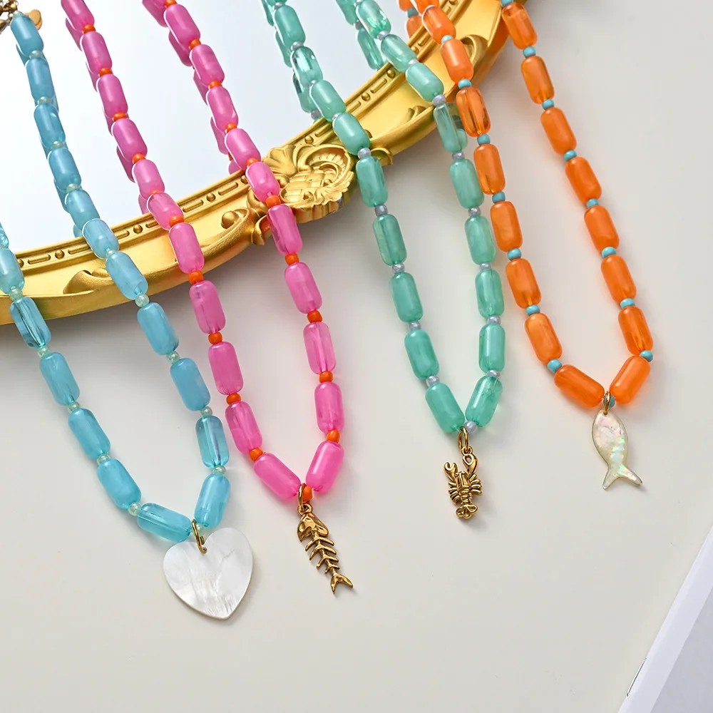 Colorful Tube Bead & Shell Charm Necklace Set