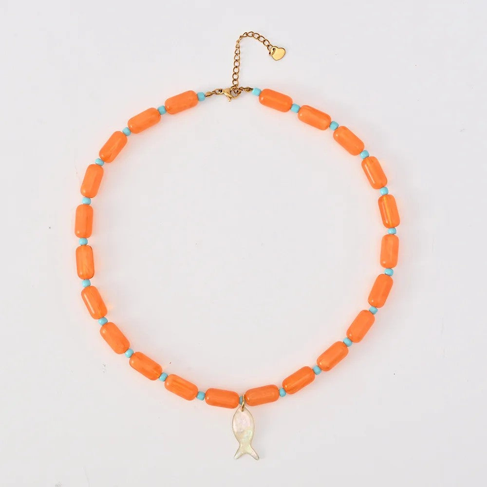 Colorful Tube Bead & Shell Charm Necklace Set