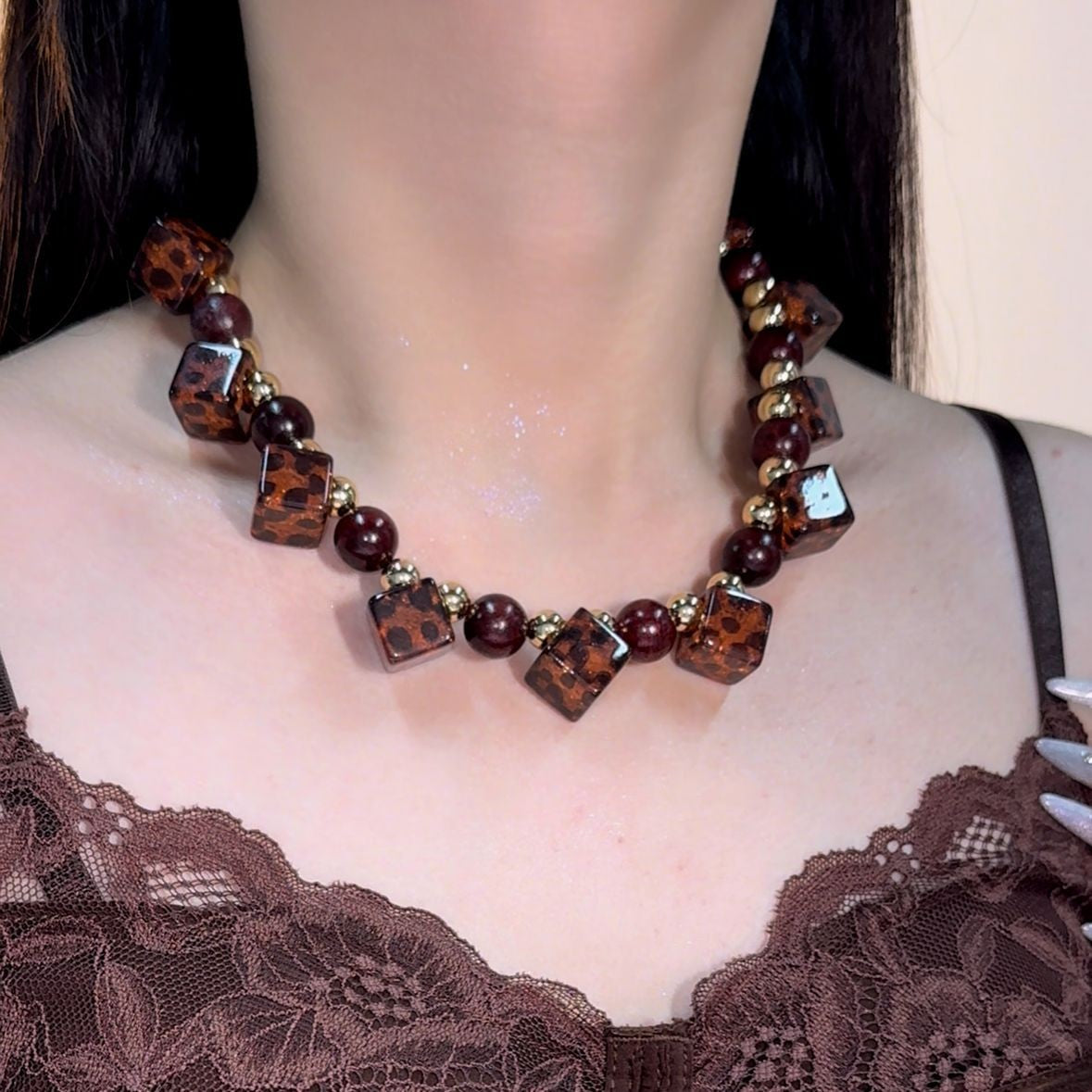 Leopard Square Beaded Necklace