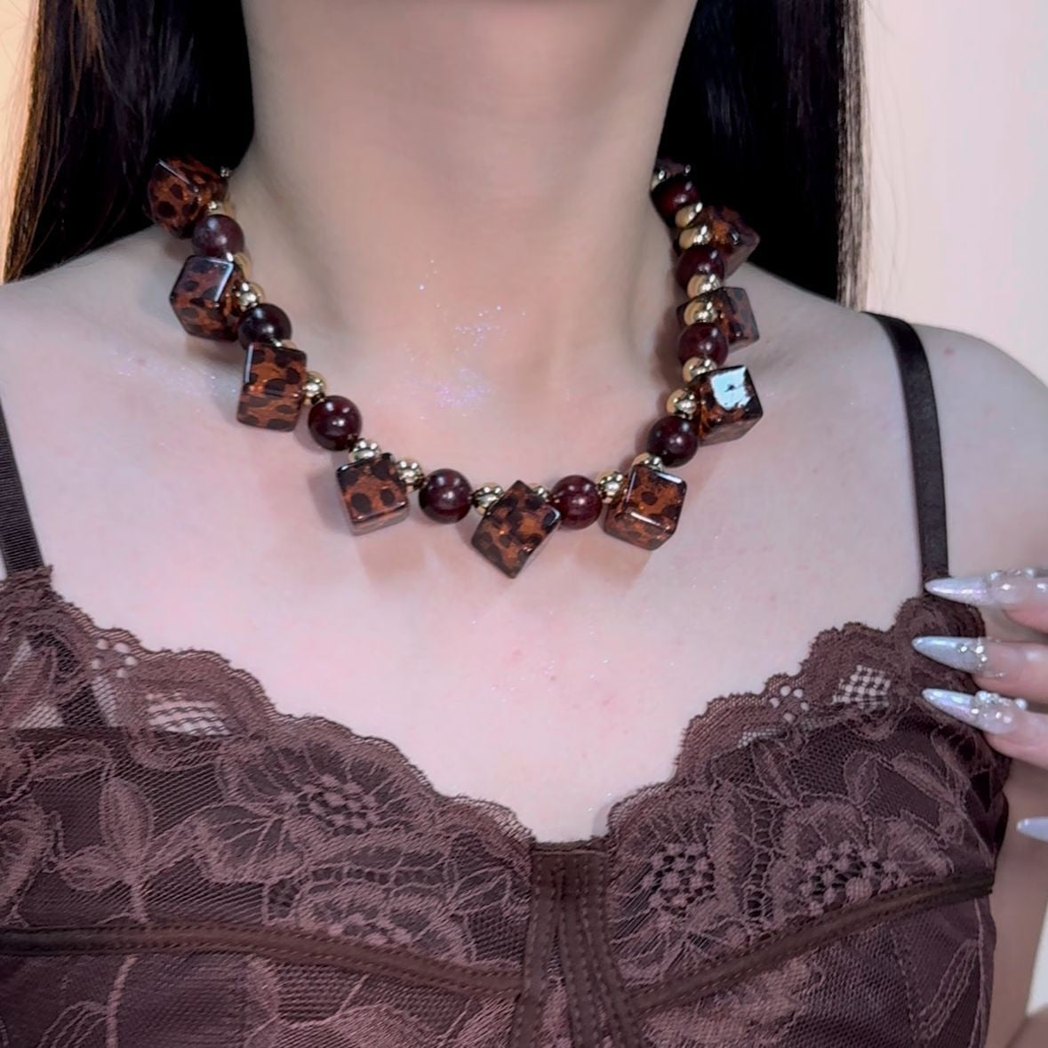 Leopard Square Beaded Necklace