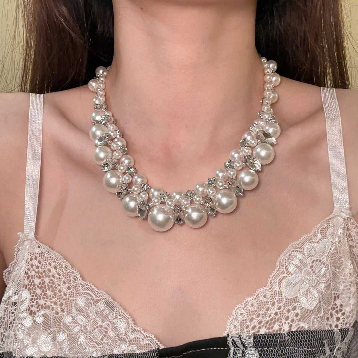 Faux Pearl & Crystal Bib Necklace