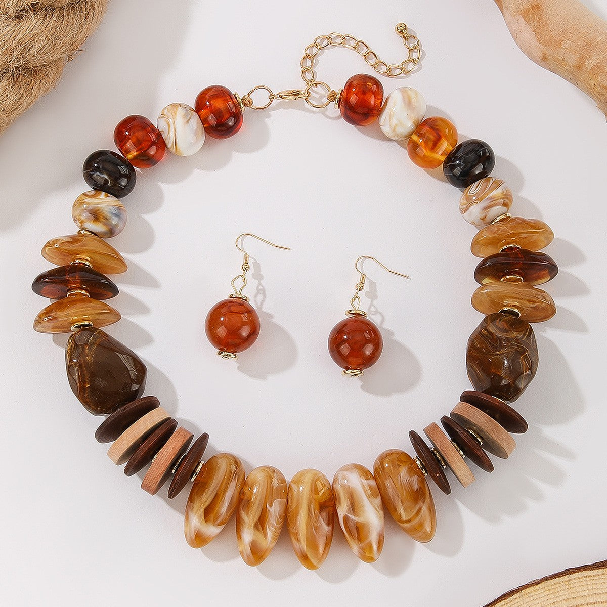 Mixed Shape Amber Resin Necklace & Earring Set