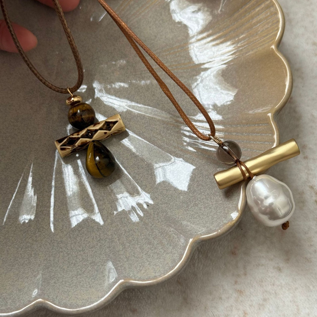 Tiger Eye Bar & Pearl Necklace