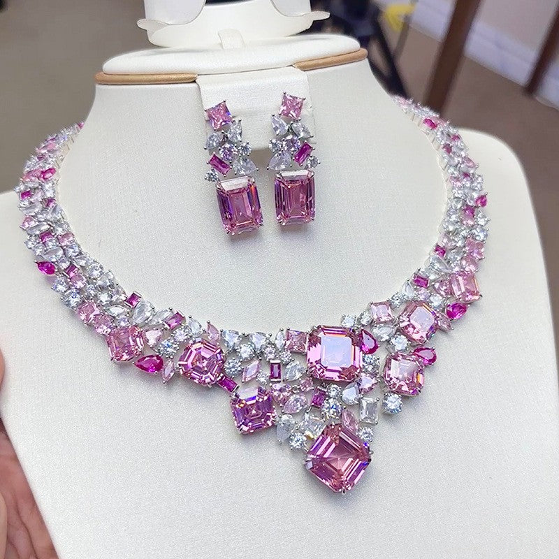 Pink Crystal Statement Necklace & Earring Set