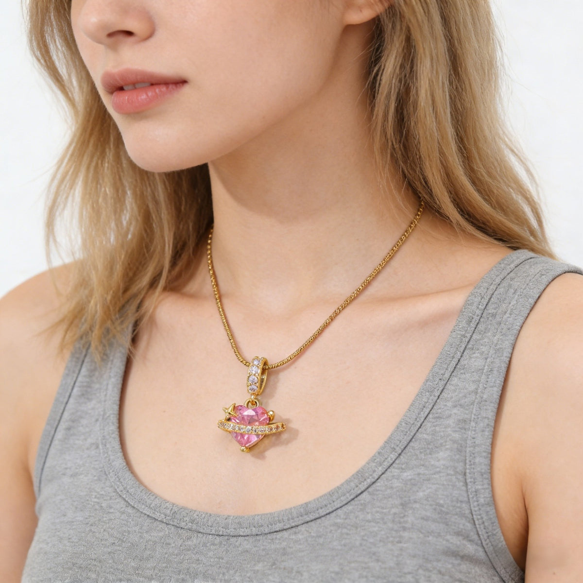 Pink Crystal Heart Planet Necklace