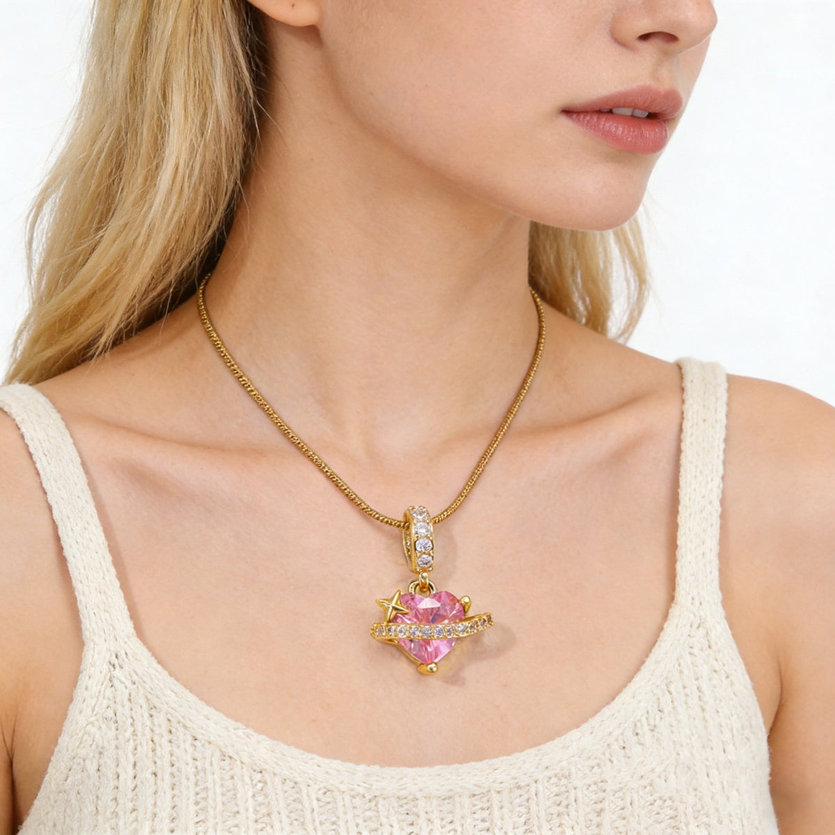 Pink Crystal Heart Planet Necklace