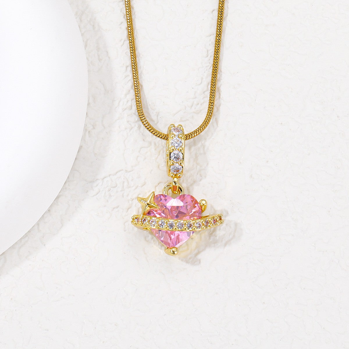 Pink Crystal Heart Planet Necklace