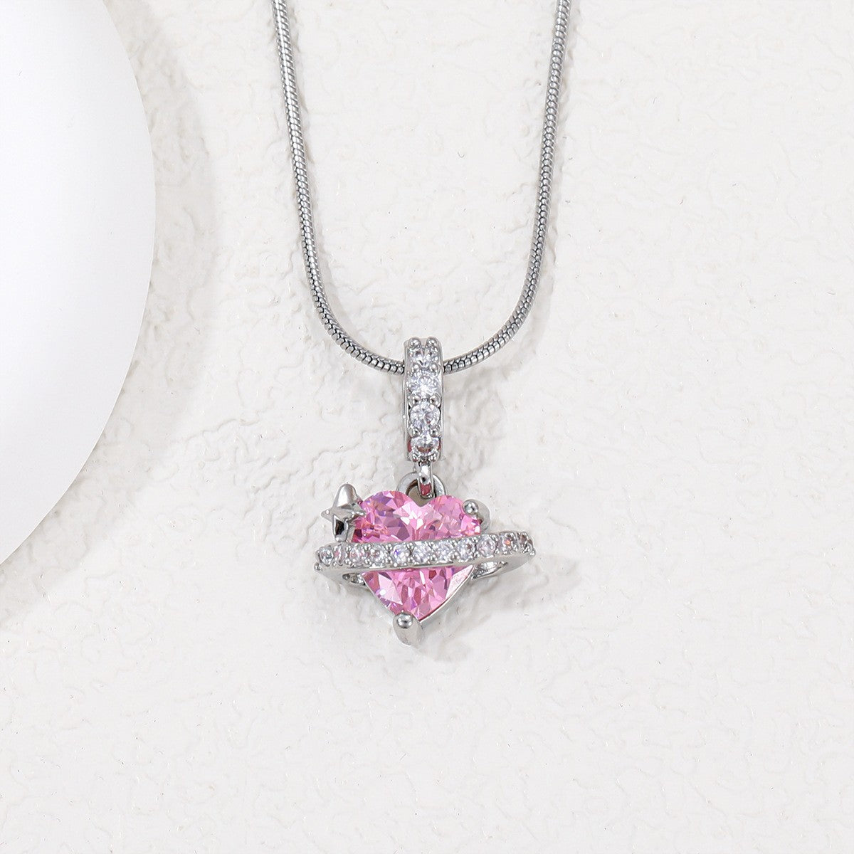 Pink Crystal Heart Planet Necklace